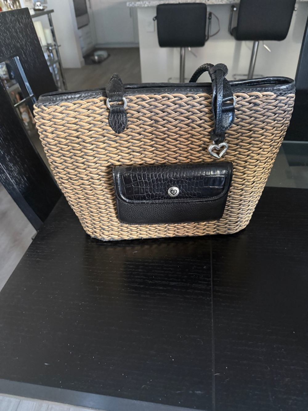Brighton Woven Straw Tote with Black Leather Trim